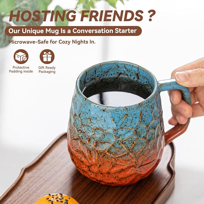 18oz Unique Blue & Orange Kiln-Change Ceramic Coffee Mug, Handcrafted Hammered - Image 2