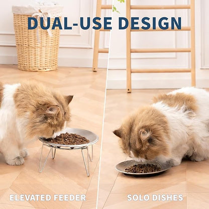 Elevated Cat Bowls, Separable Dishes for Solo Use, 304 Stainless Steel Raised Cats Plates for Wet Food, Extra Wide Shallow Design for Whisker Relief, Non-Slip Silicone Base Kitten Feeder, 2 Set