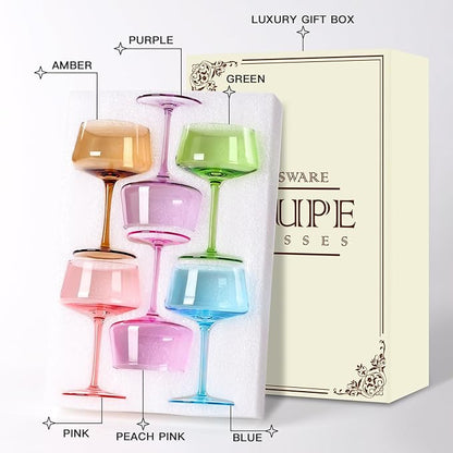 Colored Martini Glasses Set of 6, 13 oz large Coupe Glass, Premium Crystal Cocktail Glasses, Martini Glasses,Champagne Glasses, Handblown Drinkware Set-Wedding,Birthday Gifts