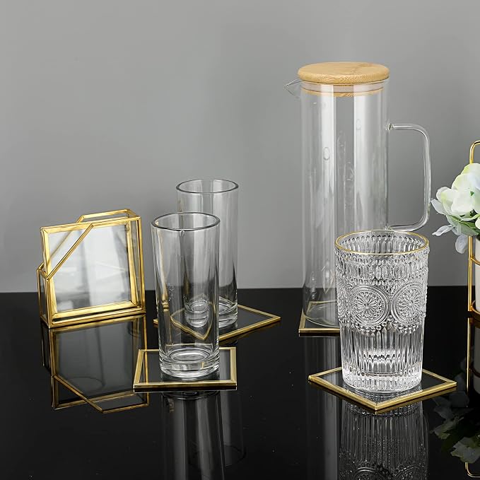 JUXYES Set of 7 Gold Brass Clear Glass Round Coaster - Image 7