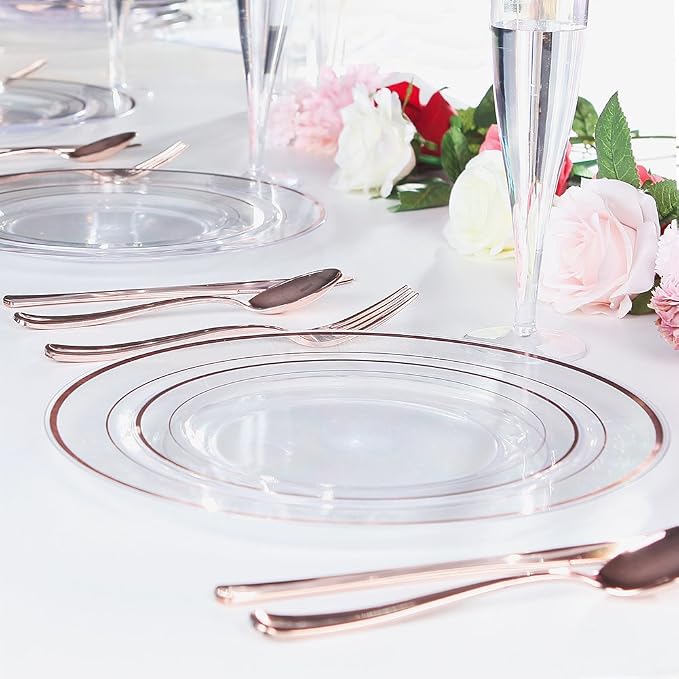 I00000 50 Pcs Rose Gold Plastic Plates, Disposable Party Set Include: 50 Clear - Image 6