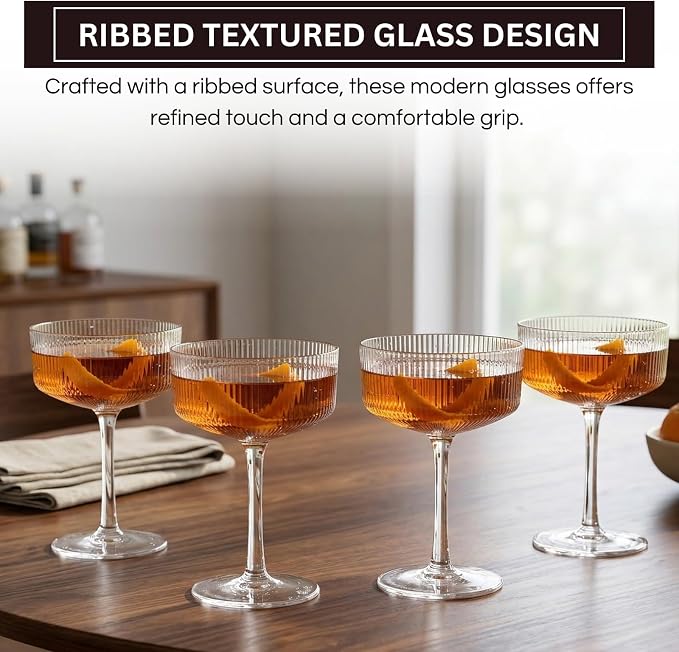 Khen Vintage Art Deco Shatterproof Coupe Martini Cocktail Glasses, 8 oz Clear - Image 3
