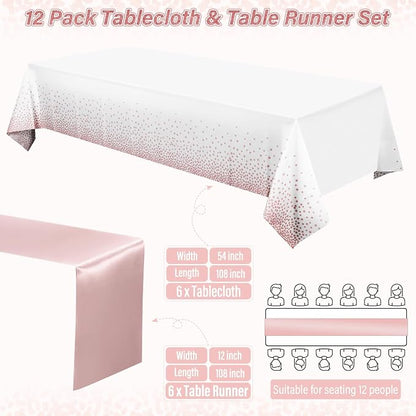 12 Pack Rose Gold Tablecloth and Table Runner Set Party Decorations - Image 2