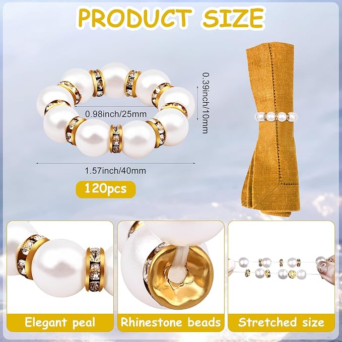 120 Pcs Pearl Napkin Rings Imitation Pearl Beaded Napkin Rings Holder Gold - Image 2