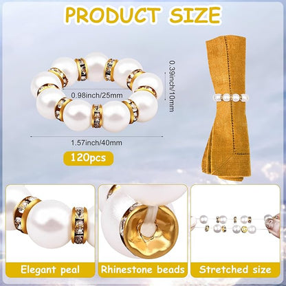 120 Pcs Pearl Napkin Rings Imitation Pearl Beaded Napkin Rings Holder Gold - Image 2