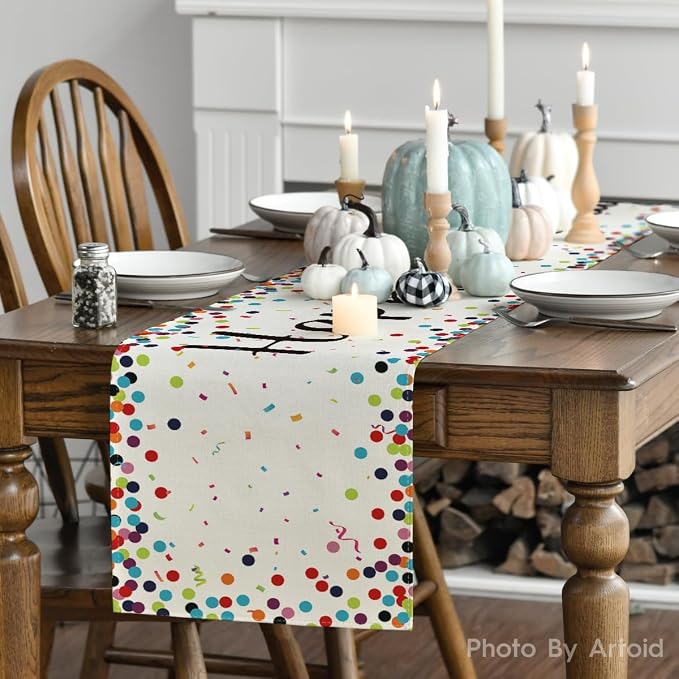 Artoid Mode Polka Dot Beige Happy Birthday Table Runner, Seasonal Kitchen - Image 2