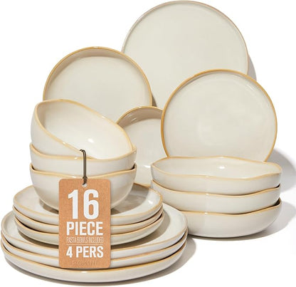 Plates and Bowls Sets, 16 Pieces Dinnerware Set for 4 with Pasta Bowls, Handmade Dishes Set, Chip Resistant Dishware Sets, Microwave Safe Dinner Set, Designed for Interactive Meal, Yellow White
