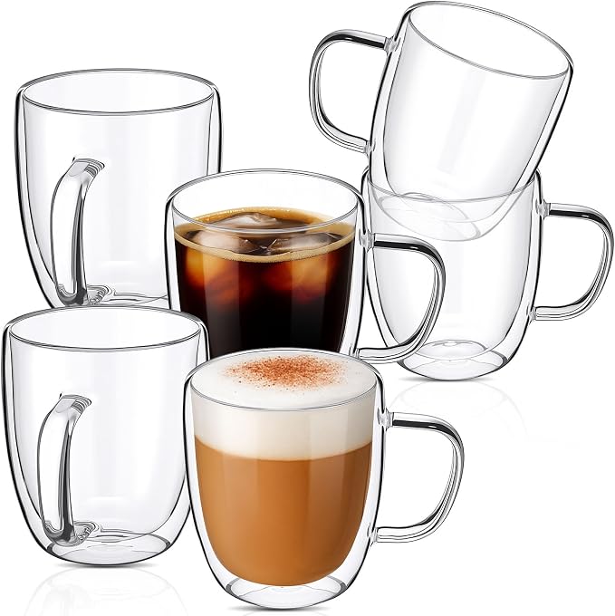 Patelai Glass Coffee Mugs Set of 6, 16 oz Clear Double Walled Coffee Cups by Patelai