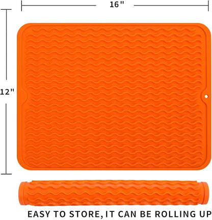 Silicone Dish Drying Mat for Multiple Usage,Easy clean,Eco-friendly,Heat-resistant Silicone Mat for Kitchen Counter or Sink,Refrigerator or drawer liner Orange L 16 inches x 12 inches