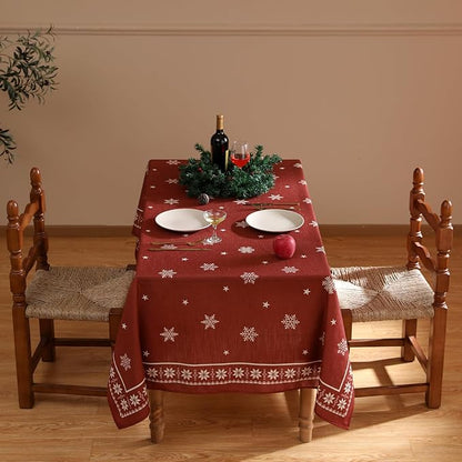 ISAENNE Designer Christmas Red Rectangular Tablecloth,Linen Table Cloth with Snowflakes Pattern,Wrinkle Resistant Decor Tablecloths for Dining Kitchen Thanksgiving Christmas,55"*87"-Carol C