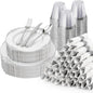 350PCS Silver Plastic Plates for 50 Guests, Disposable Dinnerware Sets Include 100 Silver Rim Plastic Plates, 50 Silverware, 50 Pre Rolled Napkins for Party, Wedding & Decor