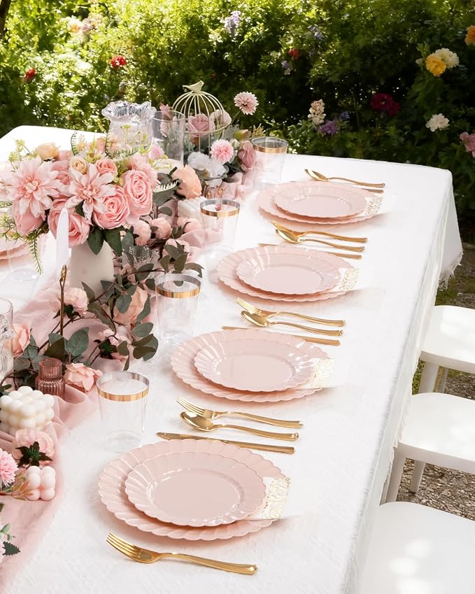 YOUBET 100PCS Pink Scalloped Plastic Plates - Image 9