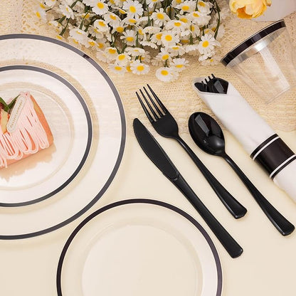 700PCS Clear Black Disposable Plates Set for 100 Guests, 200 Plastic Plates, 100 Plastic Cups, 100 Pre-Rolled Napkins with Cutlery for Party, Christmas, Birthday, Wedding, Thanksgiving, Halloween