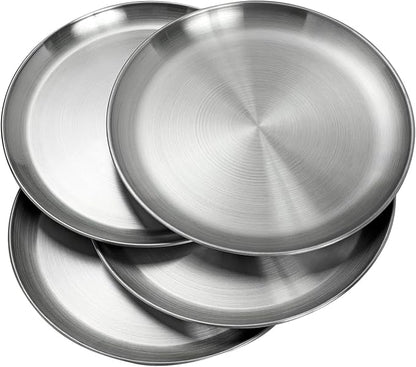 Stainless Steel Plates 10 inch Metal Lightweight Unbreakable Dinner Dishes Plates Set Non-Toxin Dishwasher Safe BPA Free and Healthy (4 Pcs)