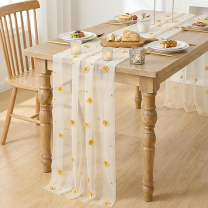 Artoid Mode Yellow Flower Pearl White Gauze Table Runner 10FT, Seasonal Sheer - Image 4