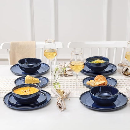 Vicrays Ceramic 12 Pieces Dinnerware Set - Dinner Plates Salad Plates Cereal Bowls Set Service for 4 - Scratch Resistant Microwave Oven Dishwasher Safe - Blue