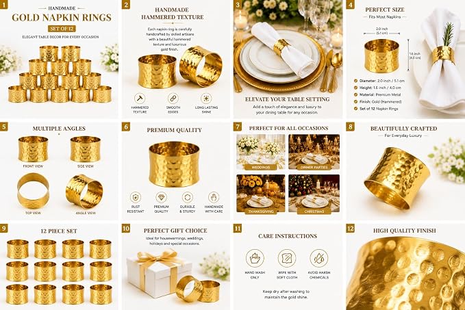 ITOS365 Gold Napkin Rings Set of 12, Handmade Hammered Metal Napkin Ring Holders - Image 3