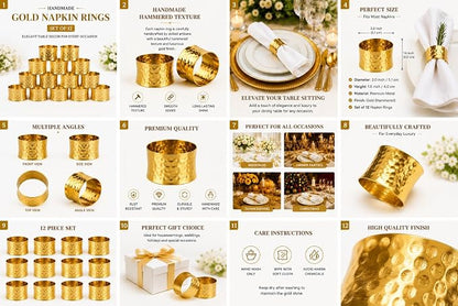 ITOS365 Gold Napkin Rings Set of 12, Handmade Hammered Metal Napkin Ring Holders - Image 3