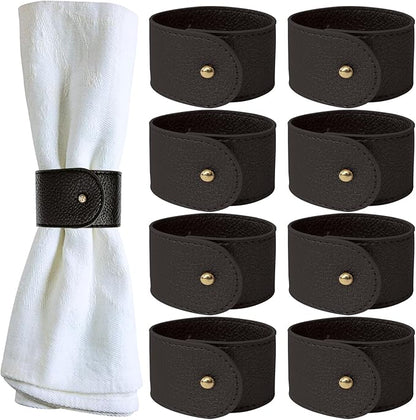 Luxury Leather Napkin Rings Set of 8, Black, Morgan Faux Style, Modern Cuff Design for Wedding Party Decorations, Kitchen, Holiday Table,Rust Proof,Hotel, Home, Table Accessories, Dining
