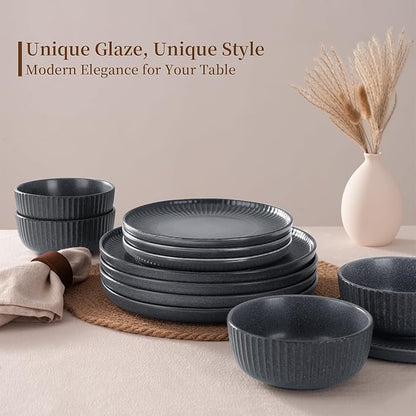 Famiware Starlight Plates and Bowls Dishes Set of 4 (12 Pieces), Ribbed Textured Stoneware Dinnerware Sets- Dishwasher & Microwave Safe, Chip Resistant, Matte Midnight Grey