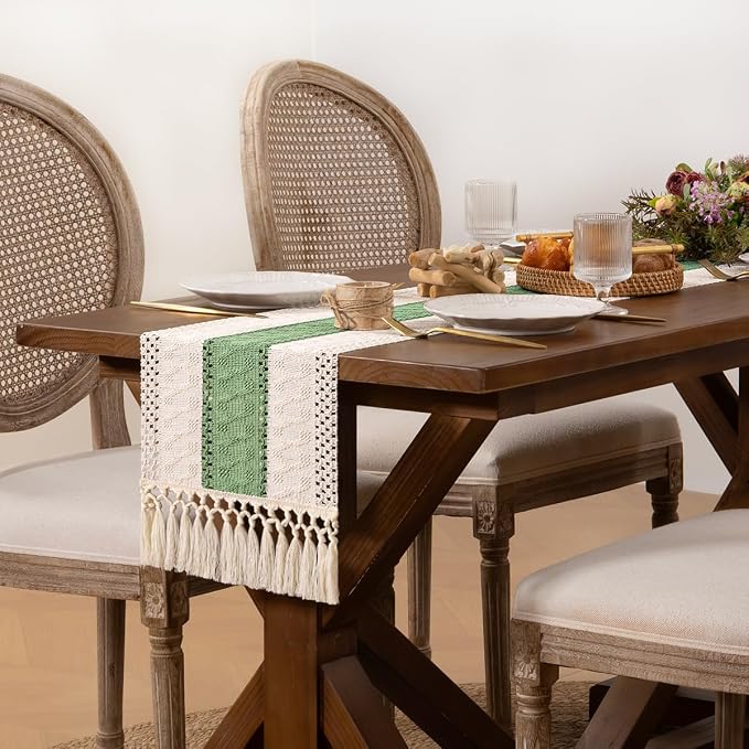 DeZerlor Ivory&Sage Green Boho Macrame Farmhouse Woven Table Runner 60Inch | - Image 3