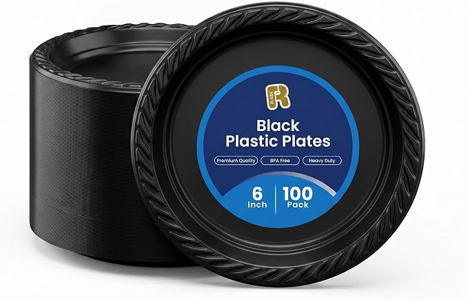 R-kay 100 Pack 6 Inch Black Plastic Plates Disposable by R-KAY