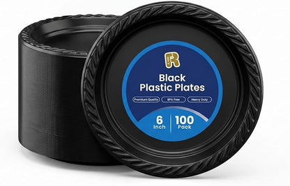R-kay 100 Pack 6 Inch Black Plastic Plates Disposable by R-KAY
