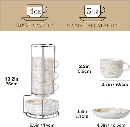 MALACASA 4 OZ Porcelain Espresso Cups with Saucers and Metal Stand Set of 4, Stackable Cappuccino Cups, Marble White Expresso Shots Cup Set for Coffee Drinks, Latte, Tea
