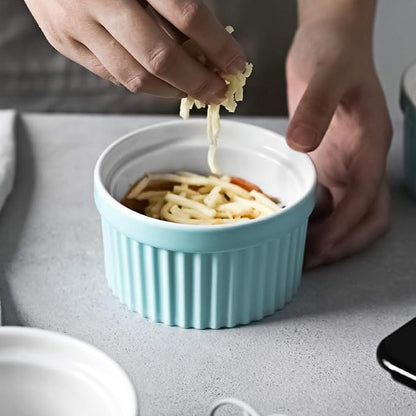 DOWAN 10 oz Porcelain Ramekins - Oven Safe for Creme Brulee & Souffle, Classic Style Baking Bowls, Set of 6, Blue