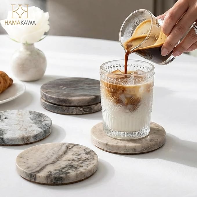 Natural Marble Coasters Set of 4, Round Travertine Coasters 4 Inch, Modern Gray - Image 2