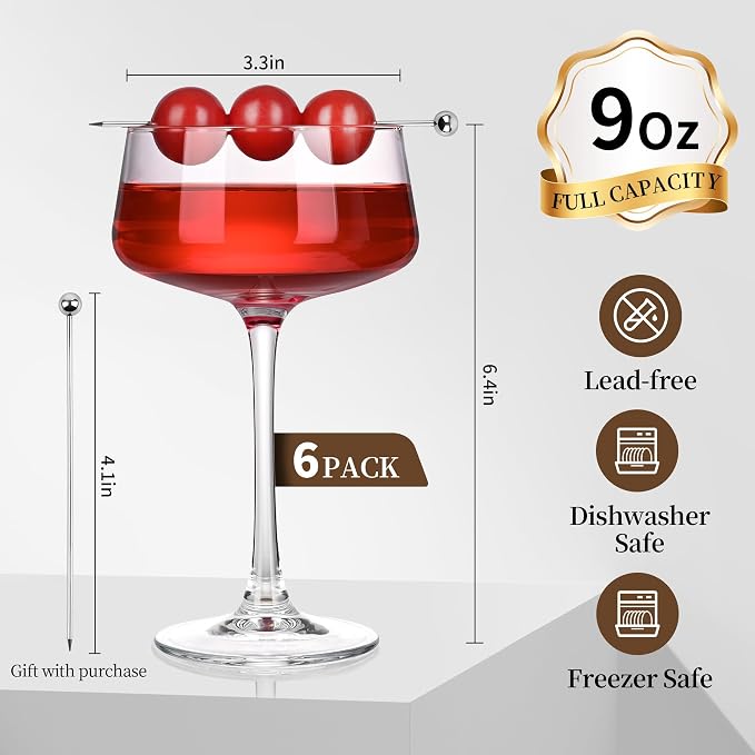 KMIGRUAN Martini Glasses Set of 6, 9oz Coupe Glasses, Hand Blown Crystal - Image 4
