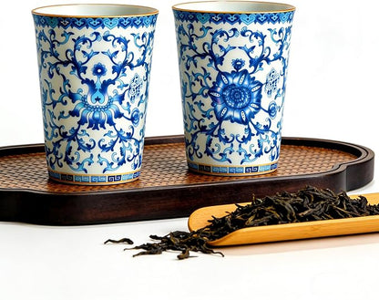 Blue and White Porcelain Coffee Cups, 9 oz Floral Tea Cups Set of 2 | No Handles - Image 7