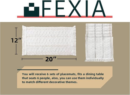 Beige Boho Placemats Set of 6 Table Mats Farmhouse Home Dining Decor | 12x20" - Image 2