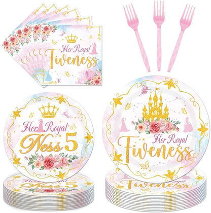 96Pcs Princess 5th Birthday Decorations Tableware Set Her Royal Fiveness by EUOYUFO