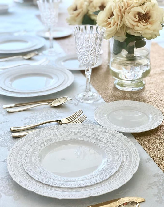 " OCCASIONS " 640pcs set (80 Guests)-Extra Heavyweight Vintage Wedding Disposable/Reusable Plastic Plates (80 x 11''+80 x 8.25'')+Silverware+12oz Cups+Napkins (Chateau CollectionWhite)