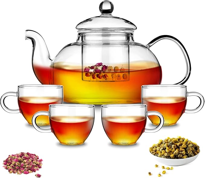 Kyraton Glass Tea Pot with 4 Tea Cups, Removable Infuser, Blooming and Loose by Kyraton
