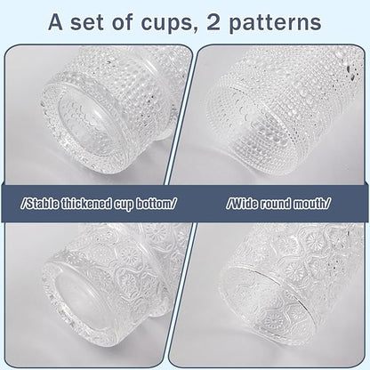 16oz Drinking Glasses Set of 4, 2 Hobnail Glasses & 2 Embossed Water Goblets, Flower Design Stackable Vintage Tumbler Glasses, Old Fashion Beaded Glass Cups for Cocktail, Iced Coffee, Beer
