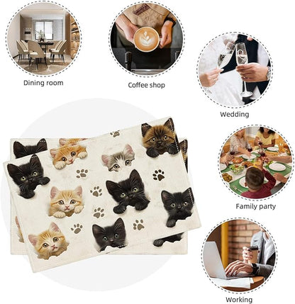Cat Placemats Set of 6, Cute Black Cats Table Mats, Animal Washable Place Mats for Coffee Bar Home Party Indoor Kitchen Dining Table Decoration 12x18 Inch