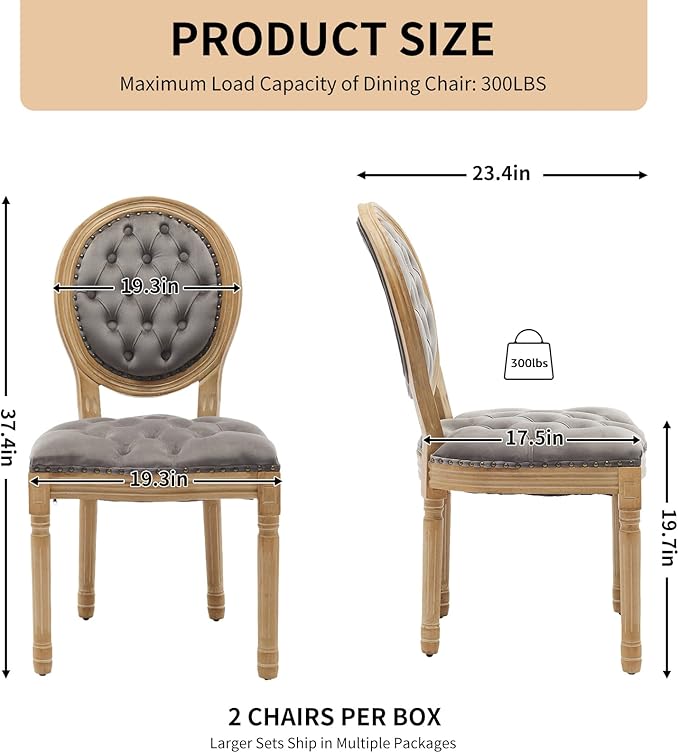 Vintage French Dining Chairs Set of 4, Round Back Velvet Upholstered Accent Chairs with Nailhead Trim and Solid Wood Frame, Elegant Sillas de Comedor for Dining Room & Kitchen, Gray