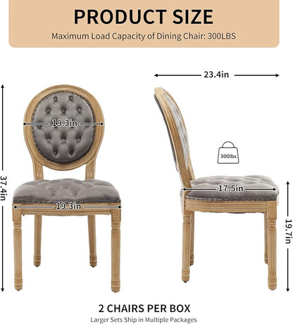 Vintage French Dining Chairs Set of 6, Round Back Velvet Upholstered Accent Chairs with Nailhead Trim and Solid Wood Frame, Elegant Sillas de Comedor for Dining Room & Kitchen, Gray