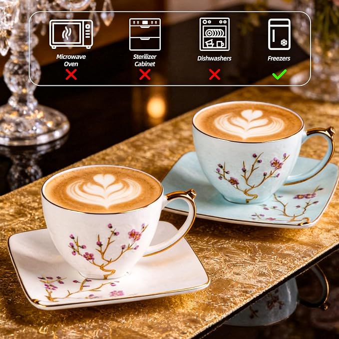 KAMMAK Tea Cups and Saucers Set of 2, Fine Bone China Coffee Cups, GH025 | - Image 6