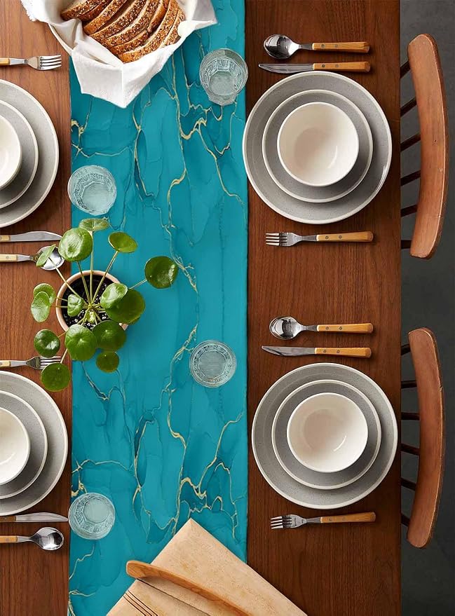 Teal Marble Table Runners 108 Inches Long, Turquoise Marble Crack Table Runner - Image 5