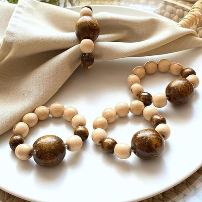 Napkin Rings Set of 6 - Modern Napkin Holder Rings with Wooden Beads | Dinner Napkin Ring for Holiday & Christmas, Birthday Party, & Wedding Decor - Farmhouse Napkin Rings Bulk (Loggi)