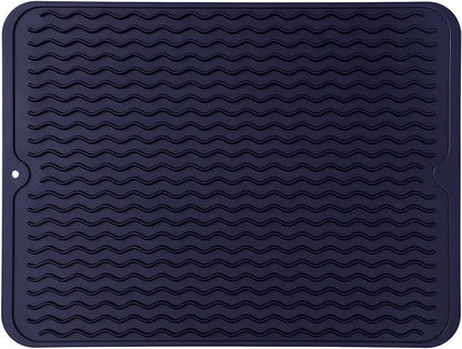 Silicone Dish Drying Mat for Multiple Usage,Easy clean,Eco-friendly,Heat-resistant Silicone Mat for Kitchen Counter or Sink,Refrigerator or drawer liner Navy Blue L 16 inches x 12 inches