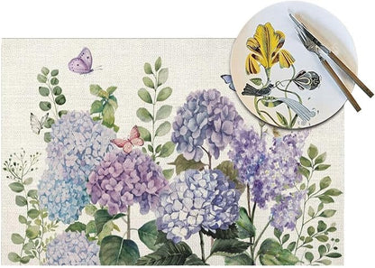 Spring Placemats 12x18 Inches Set of 4,Blue Violet Hydrangea Floral Decorative Rectangle Summer Seasonal Flower Decoration Table Mats for Party, Home Kitchen,Dining Table Decor