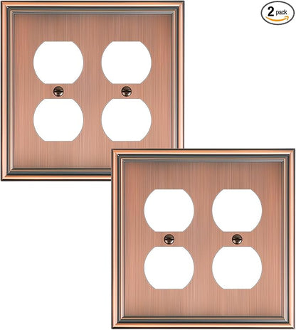 2-Pack Double Duplex Outlet Cover, Antique Copper Switch Plates and Outlet Covers for Electrical Outlets, Durable Zinc Alloy Wall Plates, 2 Gang Receptacle Cover, Corrosion Resistant