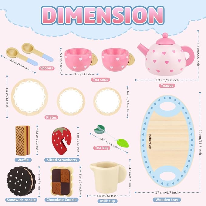 Wooden Tea Set for Little Girls Birthday Gift 3 4 5 Year Old Princess Toys | - Image 2