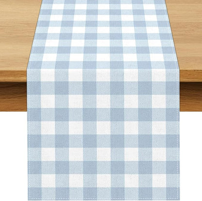 Dusty Blue Gingham Table Runner Light Blue Checkered Boy Girl Baby Shower by Buxiuer