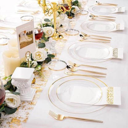 MirthMood 350Pcs Clear and Gold plates,Christmas plates, Plastic Plates for Party Include 50 Dinner,50Dessert Plate,50 Cup&50 Napkins, 150 Gold Silverware for Wedding & Party & Christmas