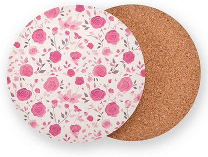 Seamless Pattern Red Roses Absorbent Coasters 4 Piecing Set Cork Base Cups - Image 2